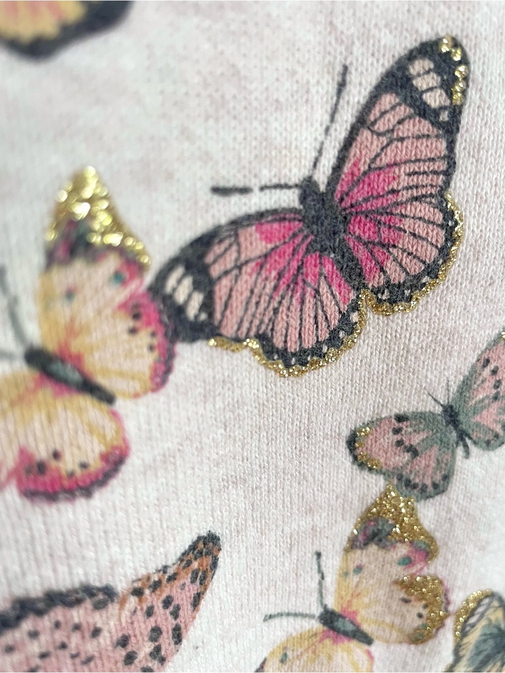 $7 💥Glitter Butterflies Fine Knit Sweater, Lightweight, Long Sleeve, Ecru & Pink